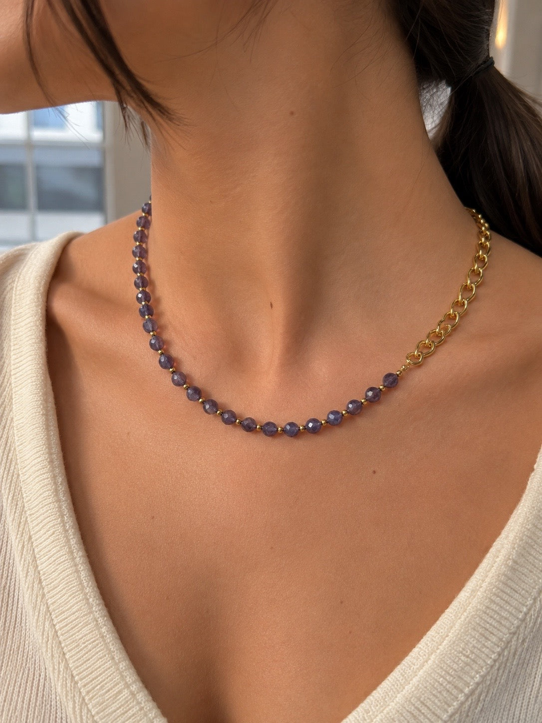 Iolite Gemstone  & Gold Chain Choker