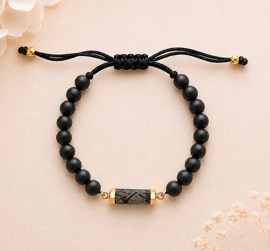 Onyx and Tourmalinated Quartz Gemstone Bracelet