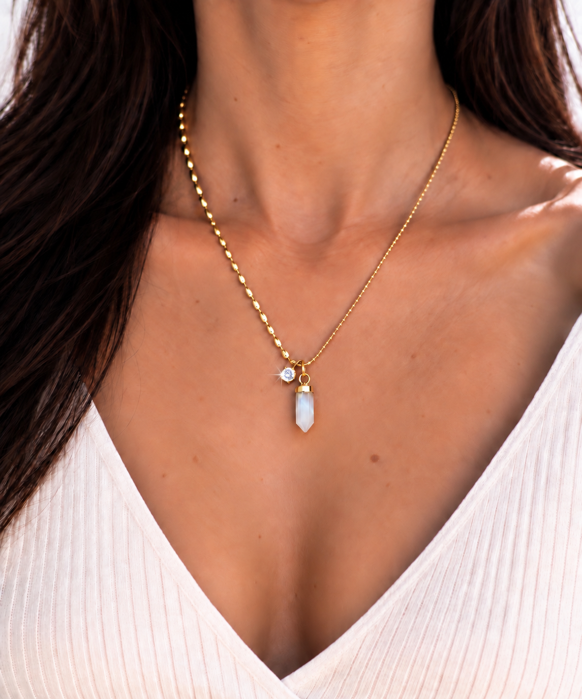Gold Faceted Moonstone Spike Necklace: Minimalist Gemstone Jewelry