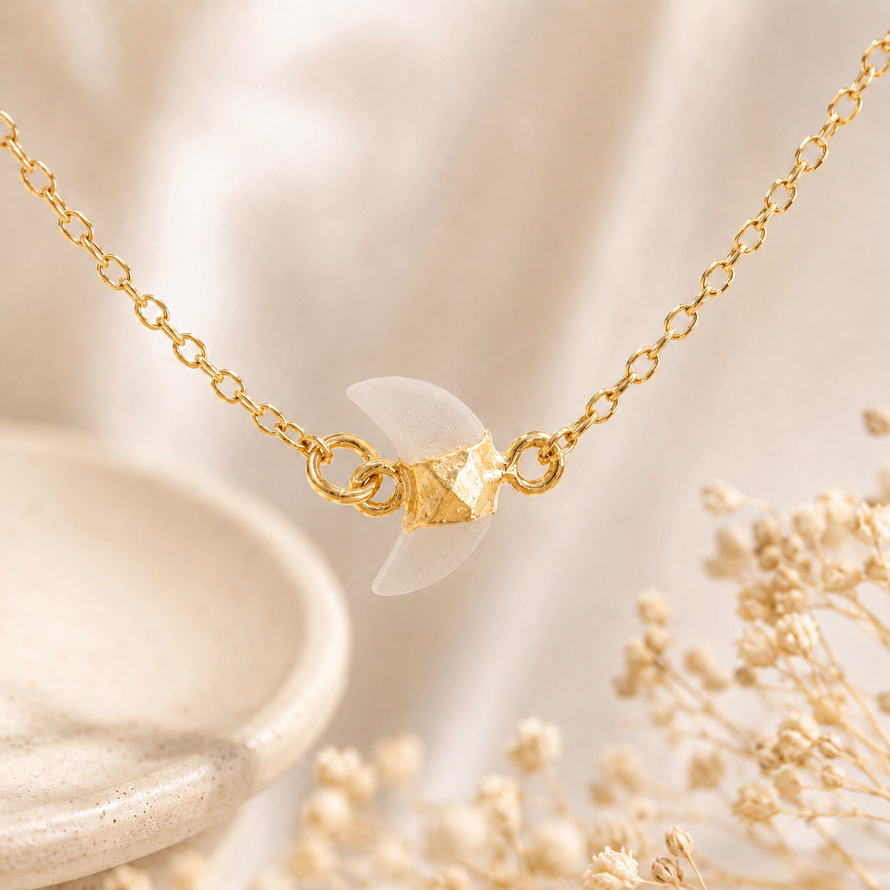 White Chalcedony Crescent Moon Gold Chain Bracelet : Celestial Charm