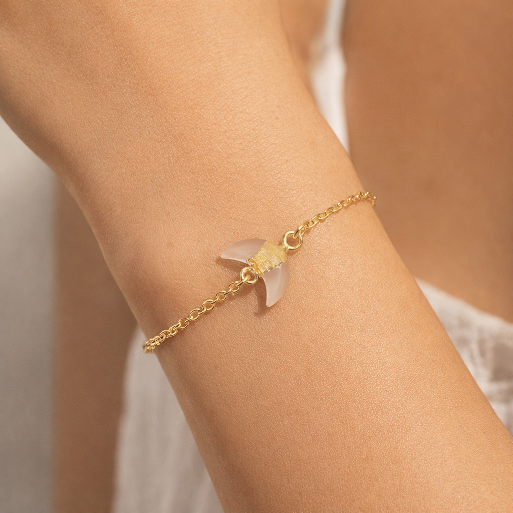 White Chalcedony Crescent Moon Gold Chain Bracelet : Celestial Charm