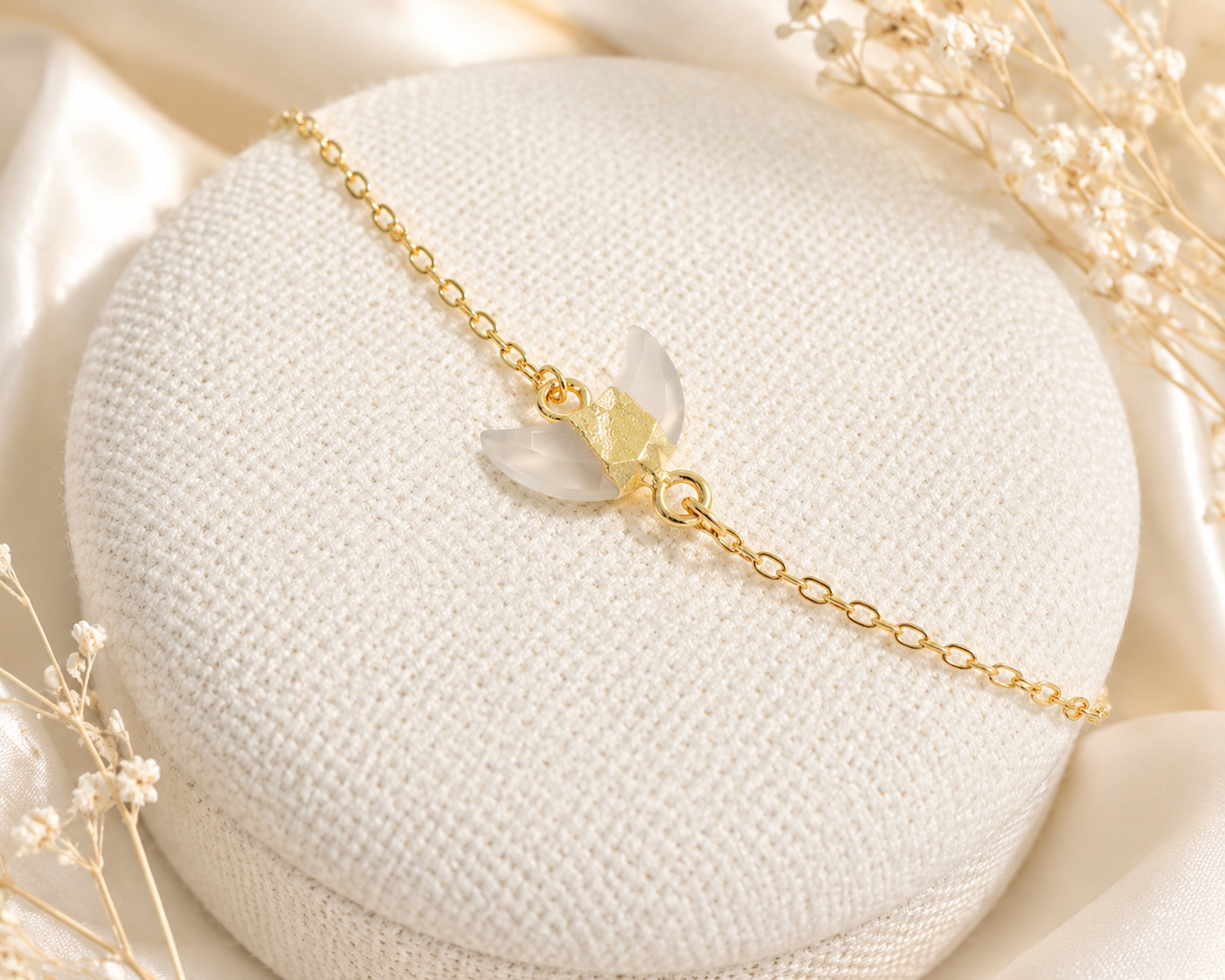 White Chalcedony Crescent Moon Gold Chain Bracelet : Celestial Charm