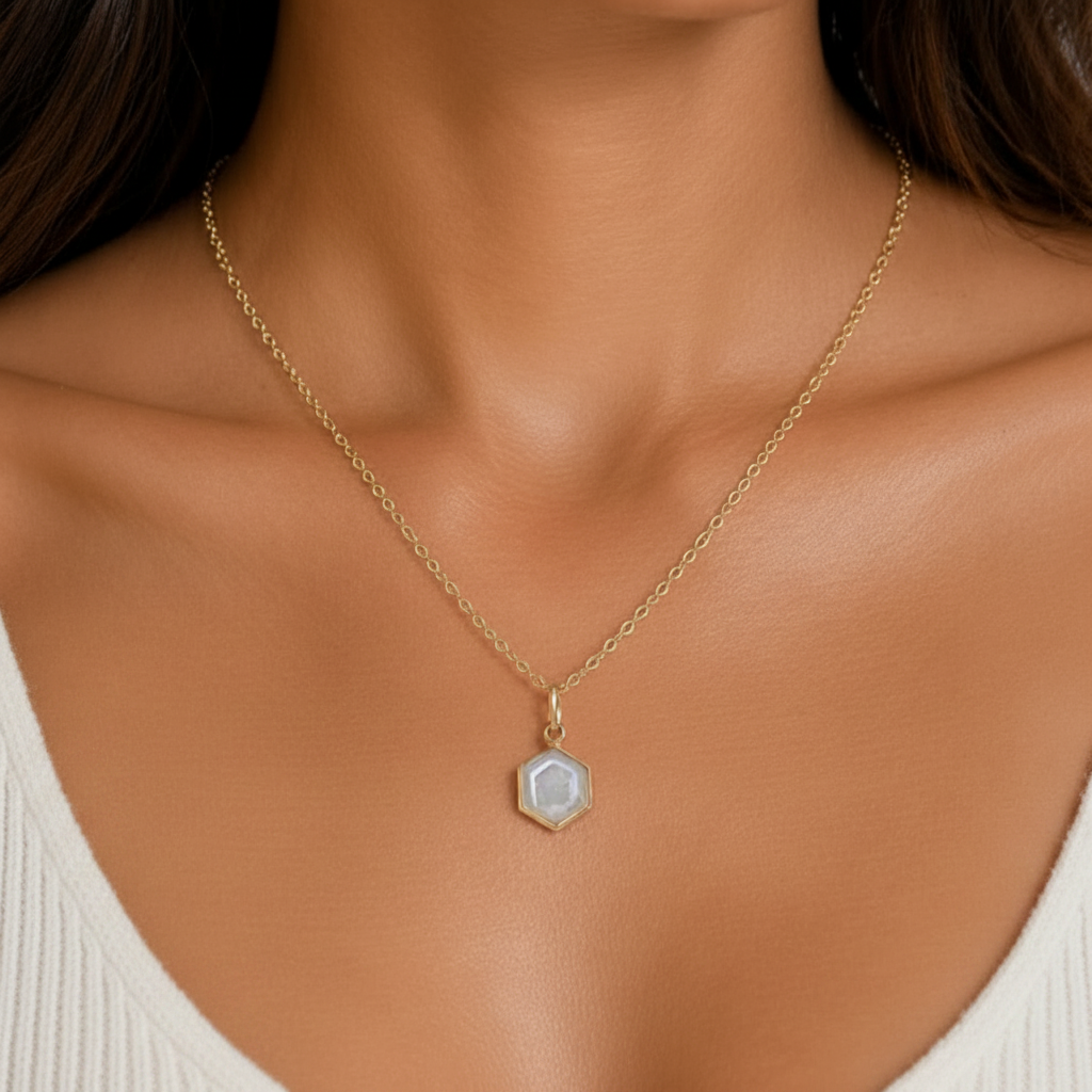 Hexagon Moonstone, Labradorite, Emerald, Aquamarine Necklace: 16K Gold Plated Pendant, June Birthstone