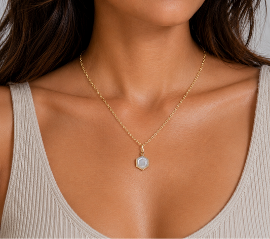 Hexagon Moonstone, Labradorite, Emerald, Aquamarine Necklace: 16K Gold Plated Pendant, June Birthstone