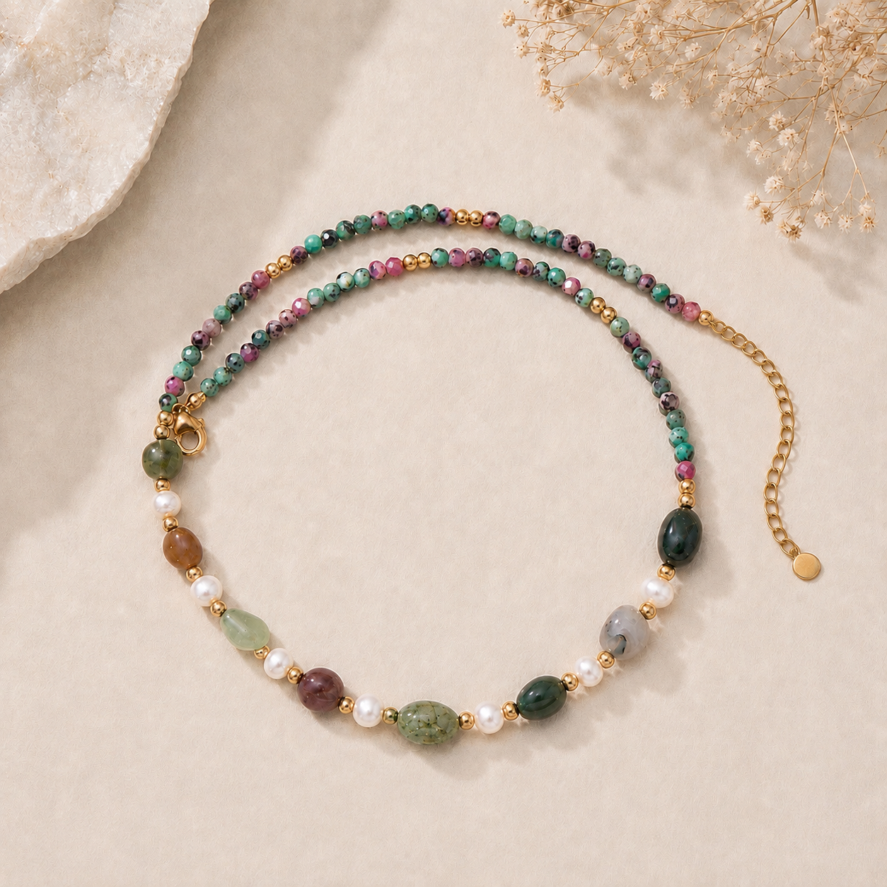 Ocean Jasper & Ruby Zoisite Gemstone Choker Necklace