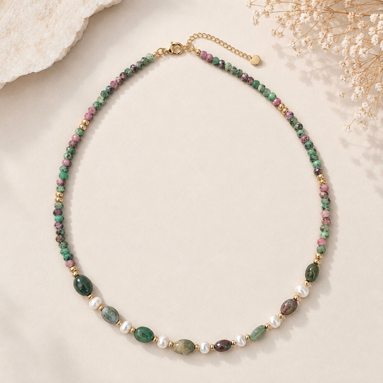 Ocean Jasper & Ruby Zoisite Gemstone Choker Necklace