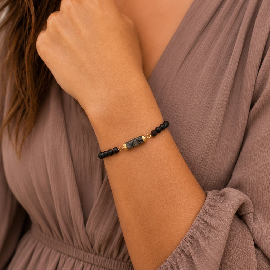Onyx and Tourmalinated Quartz Gemstone Bracelet