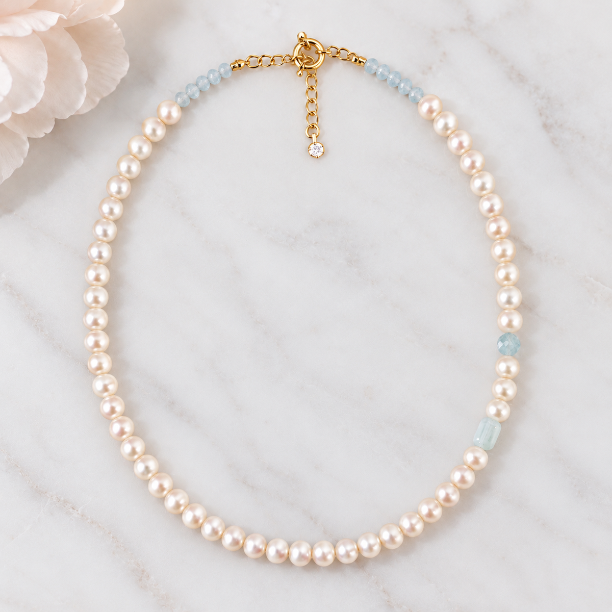 Pearl & Aquamarine Gemstone Necklace