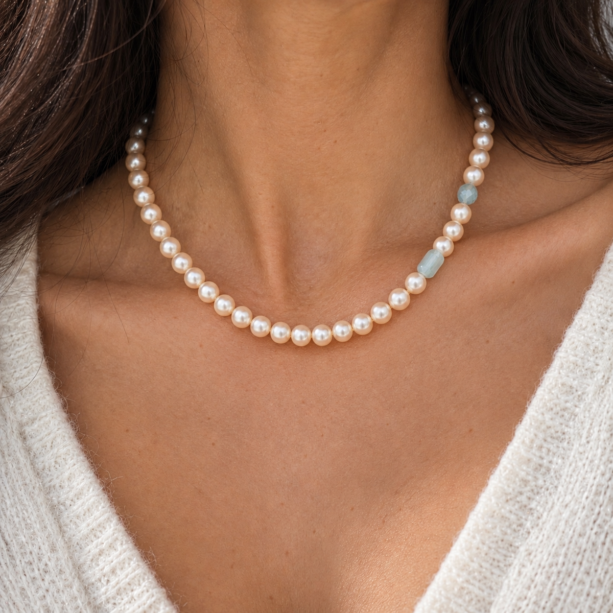 Pearl & Aquamarine Gemstone Necklace