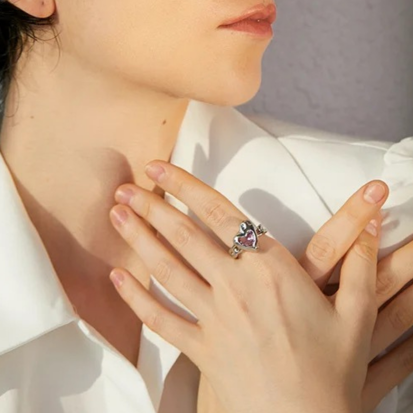 Pink Gem Heart Ring w/Chain Link Band