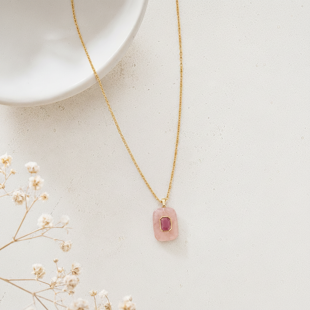 Rose Quartz Pink Sapphire Pendant Necklace: 18K Gold Vermeil Sterling Silver