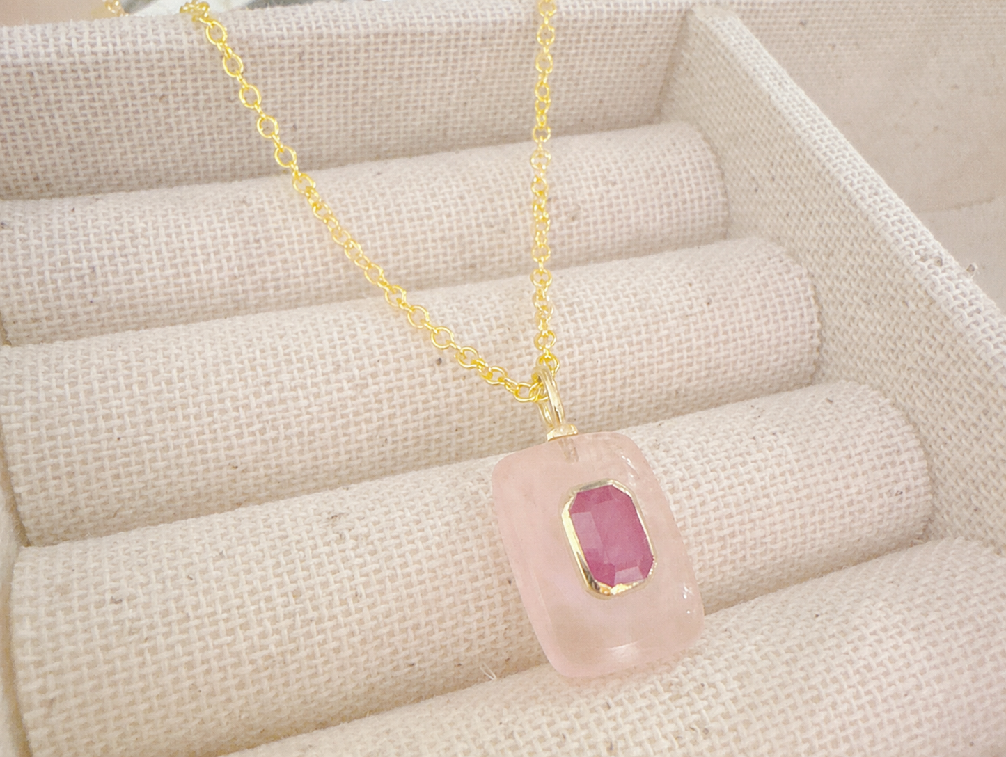 Rose Quartz Pink Sapphire Pendant Necklace: 18K Gold Vermeil Sterling Silver