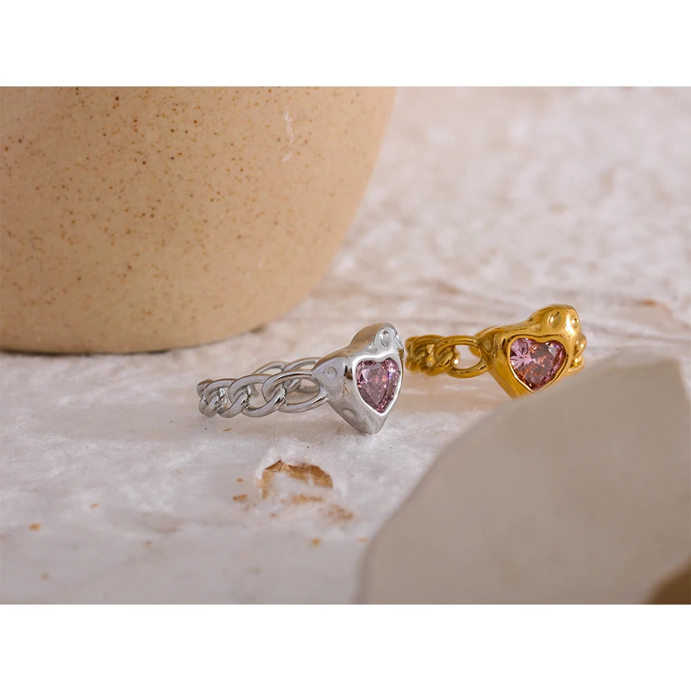 Pink Gem Heart Ring w/Chain Link Band