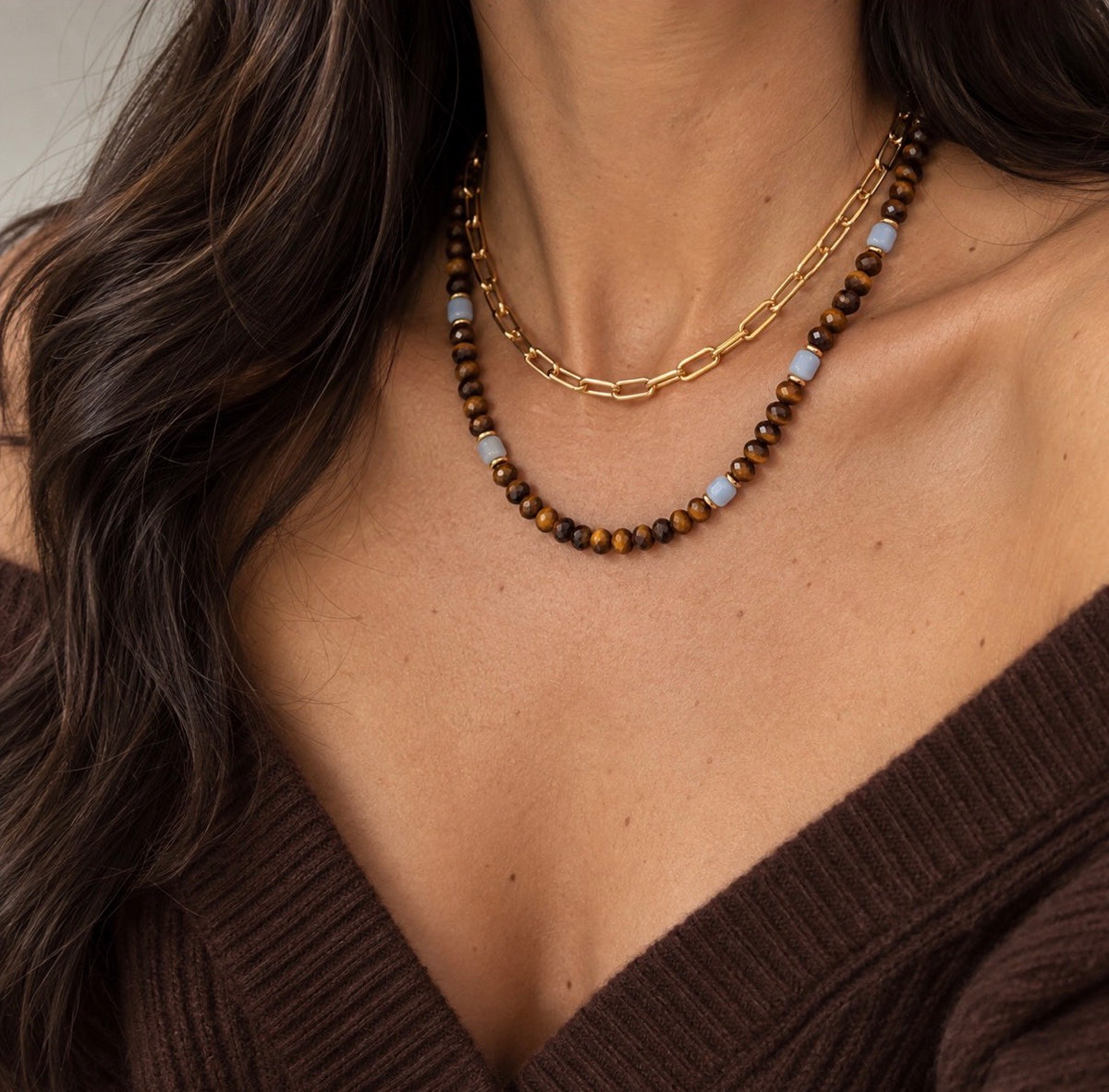 Tiger Eye and Aquamarine Choker