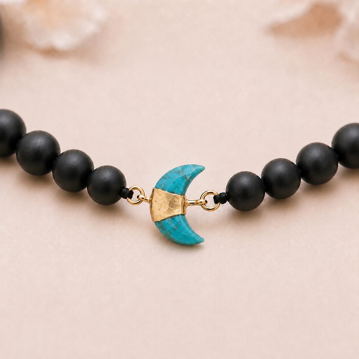 Matte Black Onyx and Turquoise Crescent Moon Bracelet