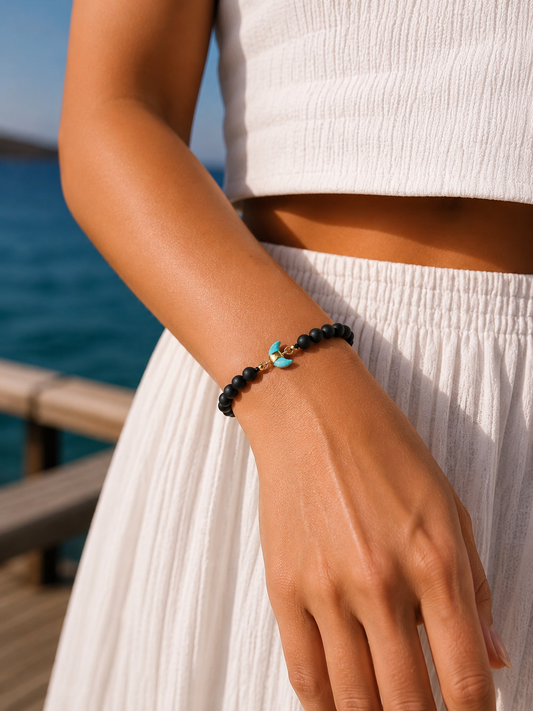 Matte Black Onyx and Turquoise Crescent Moon Bracelet